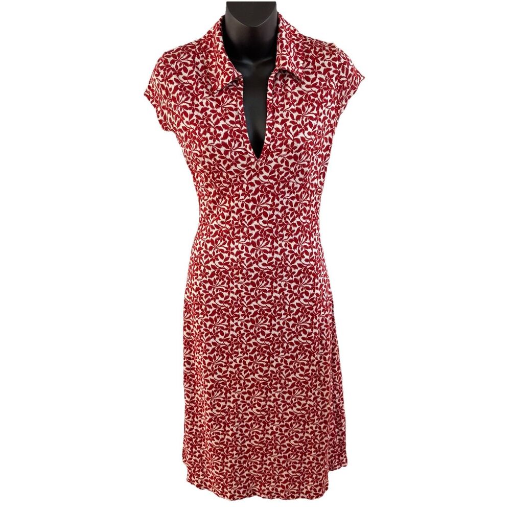 Banana Republic Women's Midi Dress XS Red Floral Cap Sleeve Collared Silk Cotton